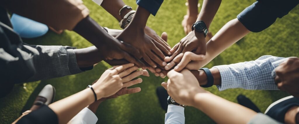 People holding hands in a circle, symbolising unity, love and connection